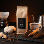 VIGORYS RISE Mushroom Coffee Blend bag with Lion's Mane mushroom, Chaga, roasted coffee beans, pour-over brewer, gooseneck kettle, and brewed cup - CORE Protocol adaptogenic coffee for morning alertness