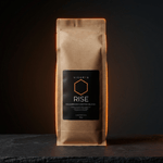 VIGORYS RISE Mushroom Coffee Blend 16oz bag - premium dark roast coffee with Lion's Mane and Chaga mushrooms for cognitive clarity, featuring minimalist black packaging with coral accent and CORE protocol designation