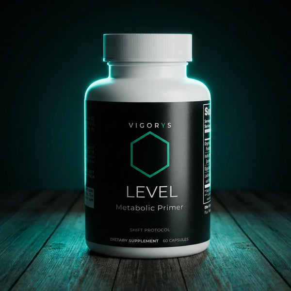 VIGORYS LEVEL Metabolic Primer bottle with dramatic teal backlighting on rustic wood surface, 60 capsules dietary supplement for pre-meal glucose management and digestive support - SHIFT Protocol
