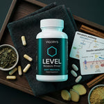 VIGORYS LEVEL Metabolic Primer bottle on wooden tray with raw ingredients including ginger root, cinnamon sticks, and dried herbs, alongside metabolic pathway and insulin sensitivity diagrams - SHIFT Protocol digestive enzyme supplement