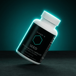 VIGORYS SEED Synbiotic Capsules 60-count bottle - 40 billion CFU probiotic with MAKTREK bypass technology for gut colonization, featuring minimalist black packaging with teal accent and NEXUS protocol designation. The bottle is tilted sideways for a product shot. 