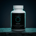 VIGORYS SEED Synbiotic Capsules 60-count bottle - 40 billion CFU probiotic with MAKTREK bypass technology for gut colonization, featuring minimalist black packaging with teal accent and NEXUS protocol designation. The container is on a slate surface. 